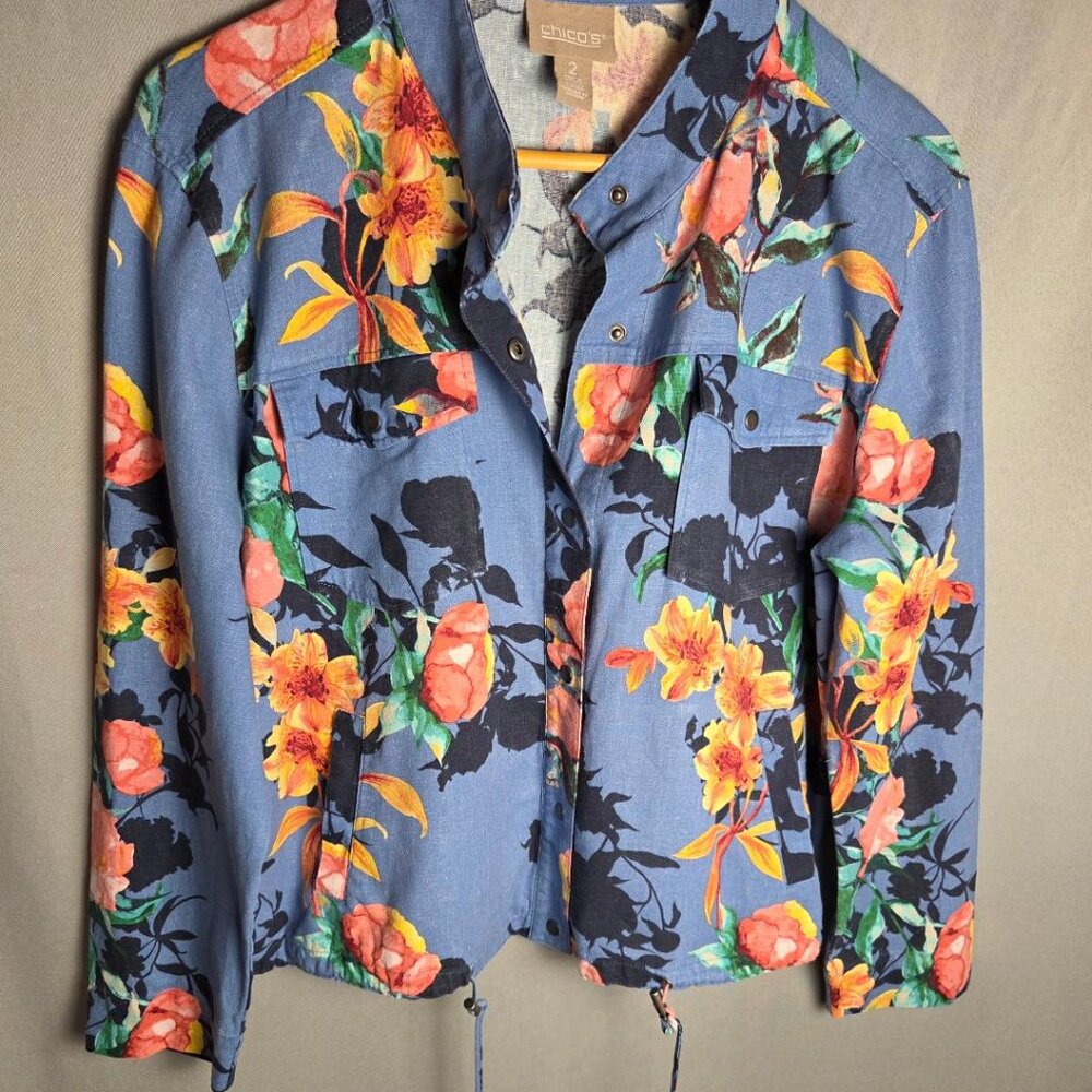 Chico’s Floral Jacket Size 2 Blue Boho Cropped
